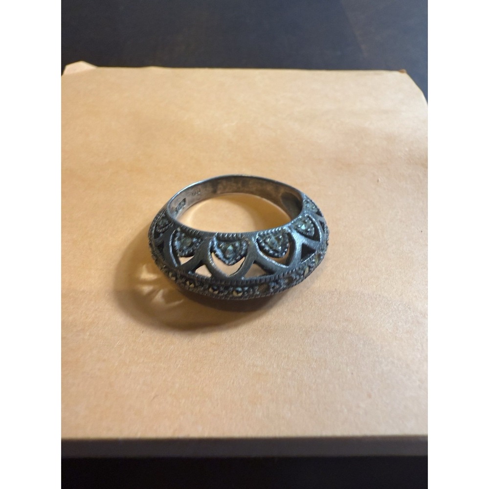 Vtg Sterling Silver Marcasite Dome Band Ring 925 Hearts Cutout Art Deco Style